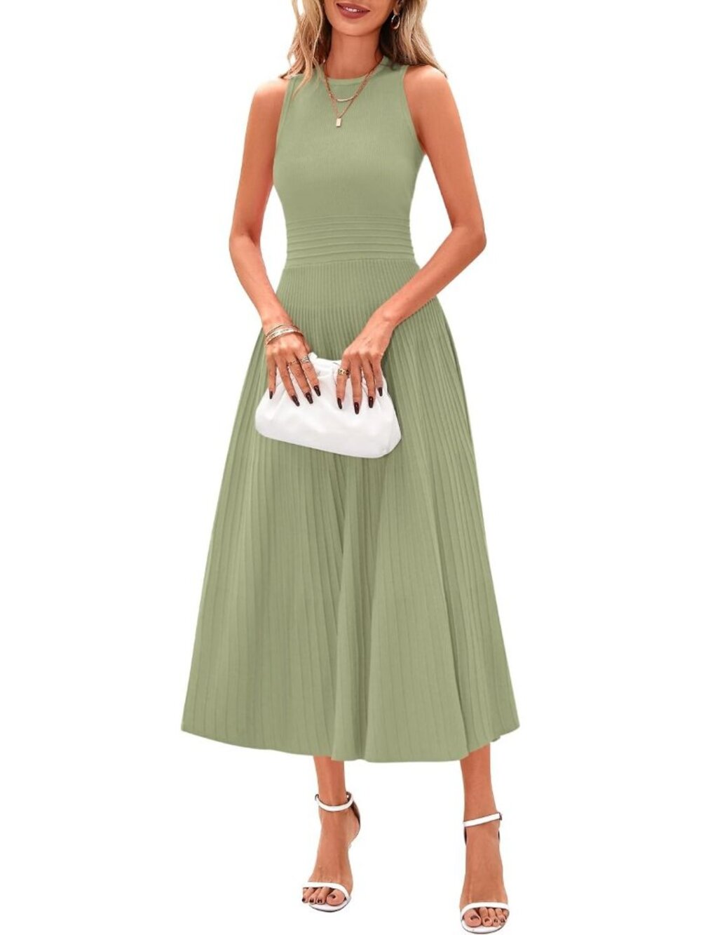 Women's Mist Green Sleeveless Pleated Midi Dress Formal Long Dress For Wedding